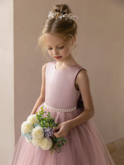 Vestido de Baile de Tule/Vestidos Princesa Flor para Menina com Pérolas e Laço de Cetim