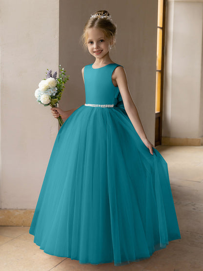 Vestido de Baile de Tule/Vestidos Princesa Flor para Menina com Pérolas e Laço de Cetim