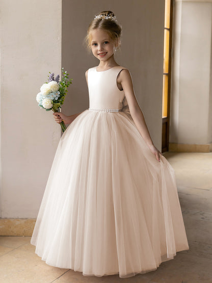 Vestido de Baile de Tule/Vestidos Princesa Flor para Menina com Pérolas e Laço de Cetim