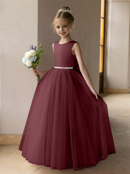 Vestido de Baile de Tule/Vestidos Princesa Flor para Menina com Pérolas e Laço de Cetim