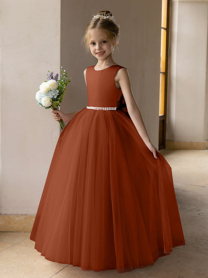 Vestido de Baile de Tule/Vestidos Princesa Flor para Menina com Pérolas e Laço de Cetim