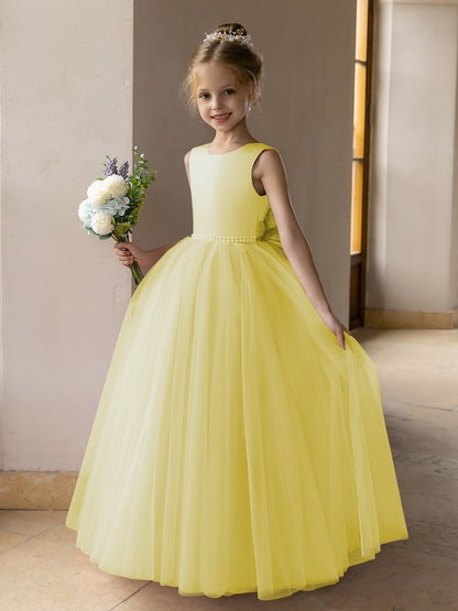 Vestido de Baile de Tule/Vestidos Princesa Flor para Menina com Pérolas e Laço de Cetim
