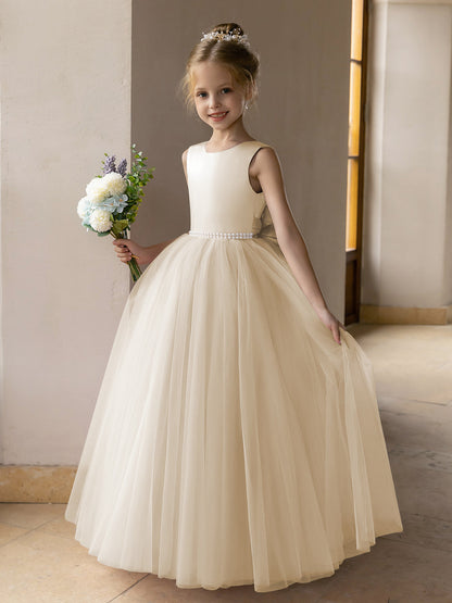 Vestido de Baile de Tule/Vestidos Princesa Flor para Menina com Pérolas e Laço de Cetim