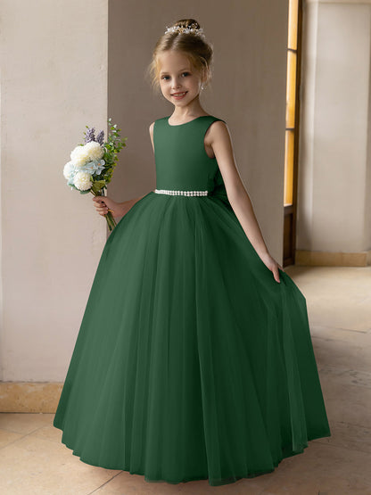 Vestido de Baile de Tule/Vestidos Princesa Flor para Menina com Pérolas e Laço de Cetim