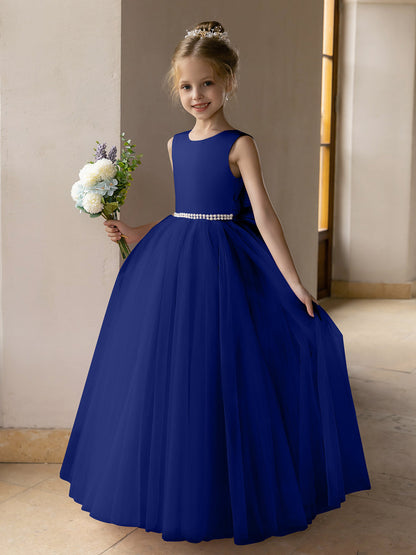 Vestido de Baile de Tule/Vestidos Princesa Flor para Menina com Pérolas e Laço de Cetim