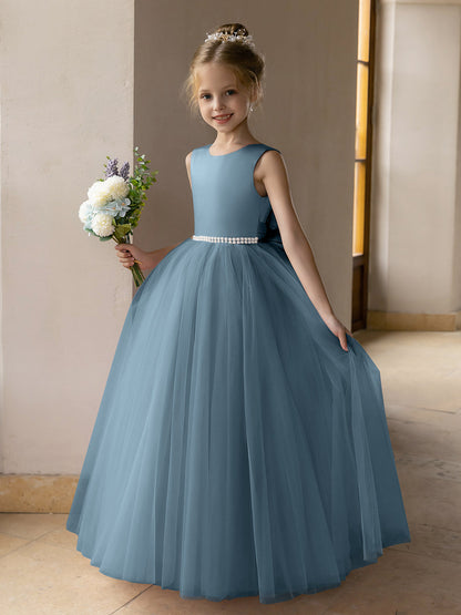 Vestido de Baile de Tule/Vestidos Princesa Flor para Menina com Pérolas e Laço de Cetim