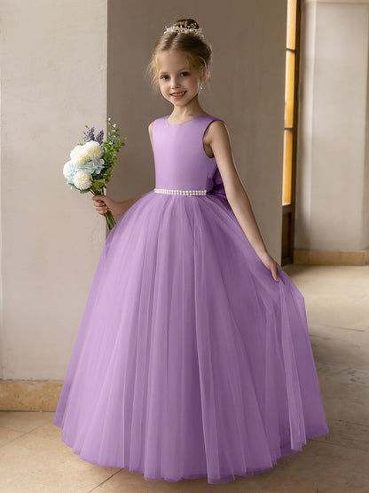 Vestido de Baile de Tule/Vestidos Princesa Flor para Menina com Pérolas e Laço de Cetim
