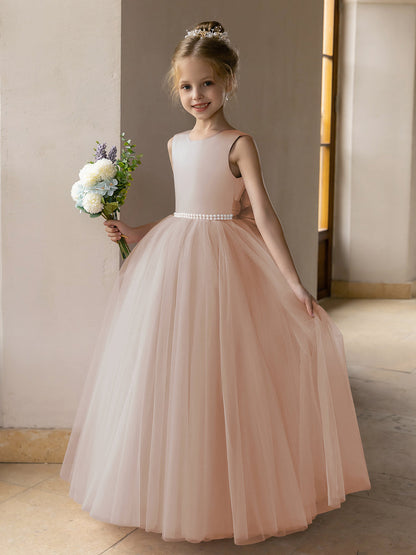 Vestido de Baile de Tule/Vestidos Princesa Flor para Menina com Pérolas e Laço de Cetim