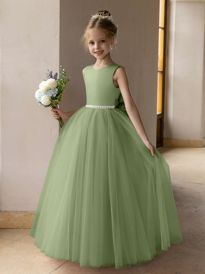 Vestido de Baile de Tule/Vestidos Princesa Flor para Menina com Pérolas e Laço de Cetim