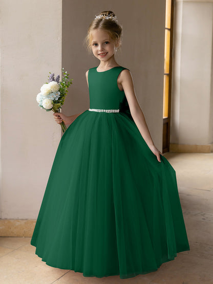 Vestido de Baile de Tule/Vestidos Princesa Flor para Menina com Pérolas e Laço de Cetim