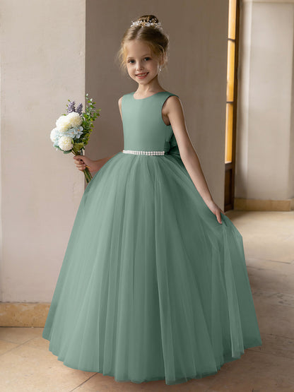 Vestido de Baile de Tule/Vestidos Princesa Flor para Menina com Pérolas e Laço de Cetim