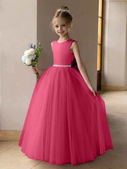 Vestido de Baile de Tule/Vestidos Princesa Flor para Menina com Pérolas e Laço de Cetim