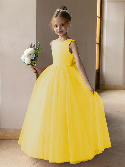 Vestido de Baile de Tule/Vestidos Princesa Flor para Menina com Pérolas e Laço de Cetim