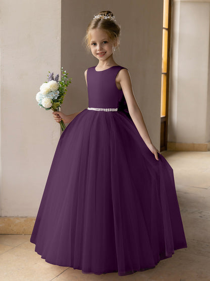 Vestido de Baile de Tule/Vestidos Princesa Flor para Menina com Pérolas e Laço de Cetim