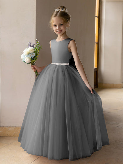Vestido de Baile de Tule/Vestidos Princesa Flor para Menina com Pérolas e Laço de Cetim