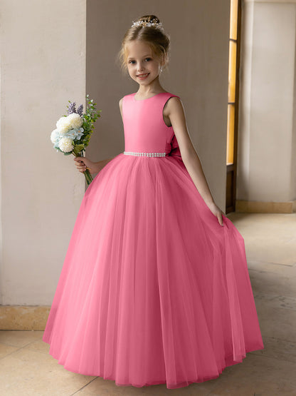 Vestido de Baile de Tule/Vestidos Princesa Flor para Menina com Pérolas e Laço de Cetim