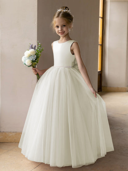 Vestido de Baile de Tule/Vestidos Princesa Flor para Menina com Pérolas e Laço de Cetim