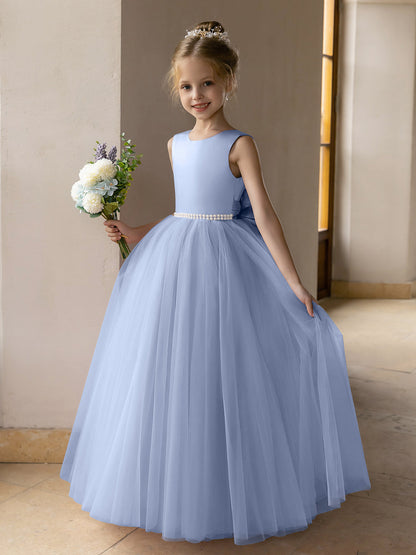 Vestido de Baile de Tule/Vestidos Princesa Flor para Menina com Pérolas e Laço de Cetim