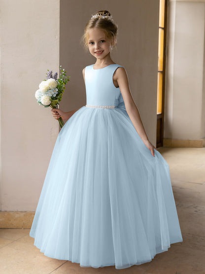 Vestido de Baile de Tule/Vestidos Princesa Flor para Menina com Pérolas e Laço de Cetim