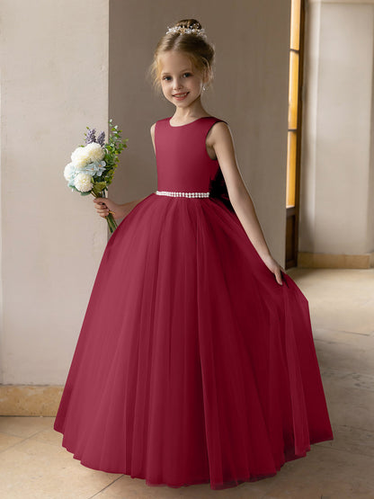 Vestido de Baile de Tule/Vestidos Princesa Flor para Menina com Pérolas e Laço de Cetim