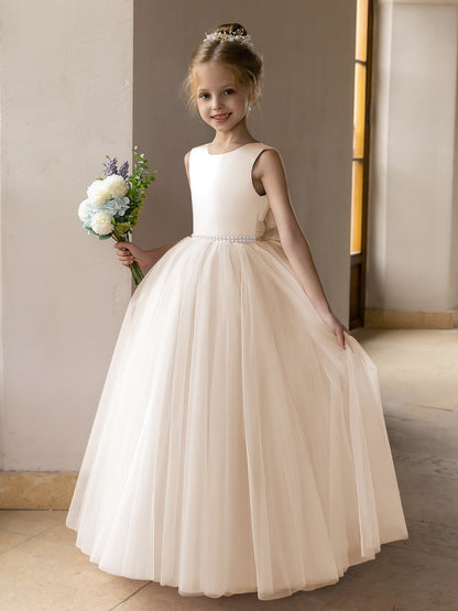 Vestido de Baile de Tule/Vestidos Princesa Flor para Menina com Pérolas e Laço de Cetim