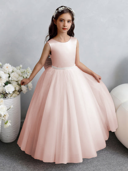 Vestido de Baile de Tule/Vestidos Princesa Flor para Menina com Pérolas e Laço de Cetim