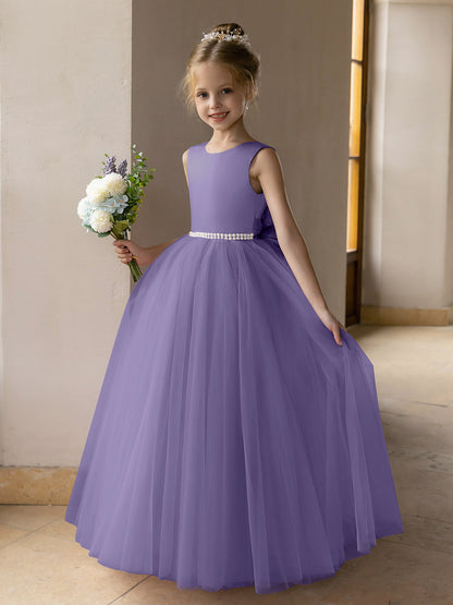 Vestido de Baile de Tule/Vestidos Princesa Flor para Menina com Pérolas e Laço de Cetim