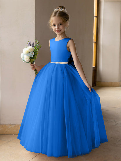 Vestido de Baile de Tule/Vestidos Princesa Flor para Menina com Pérolas e Laço de Cetim