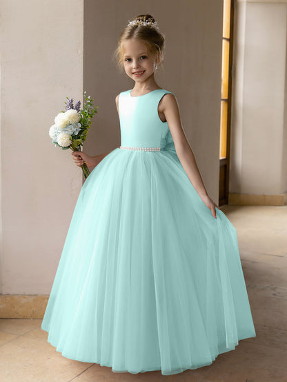 Vestido de Baile de Tule/Vestidos Princesa Flor para Menina com Pérolas e Laço de Cetim