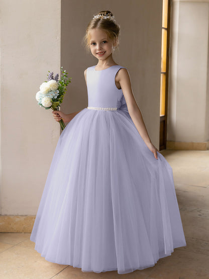 Vestido de Baile de Tule/Vestidos Princesa Flor para Menina com Pérolas e Laço de Cetim