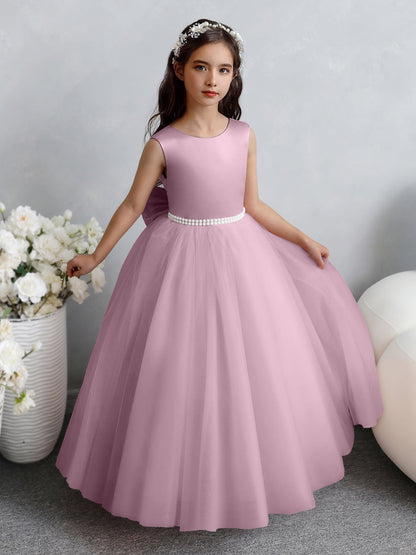 Vestido de Baile de Tule/Vestidos Princesa Flor para Menina com Pérolas e Laço de Cetim