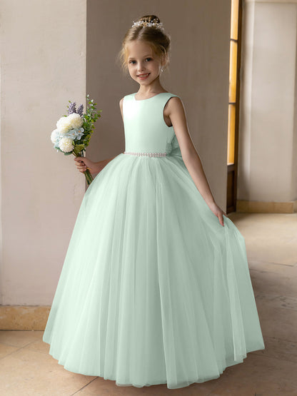 Vestido de Baile de Tule/Vestidos Princesa Flor para Menina com Pérolas e Laço de Cetim