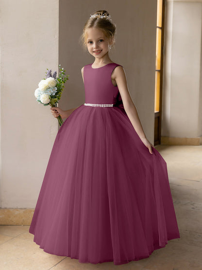 Vestido de Baile de Tule/Vestidos Princesa Flor para Menina com Pérolas e Laço de Cetim