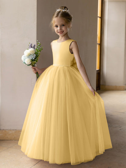 Vestido de Baile de Tule/Vestidos Princesa Flor para Menina com Pérolas e Laço de Cetim
