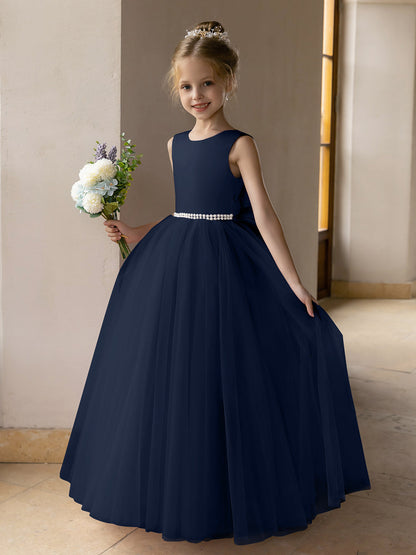Vestido de Baile de Tule/Vestidos Princesa Flor para Menina com Pérolas e Laço de Cetim
