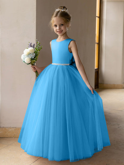 Vestido de Baile de Tule/Vestidos Princesa Flor para Menina com Pérolas e Laço de Cetim
