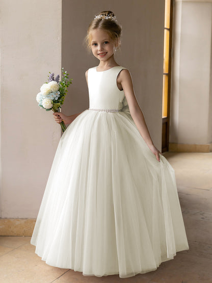 Vestido de Baile de Tule/Vestidos Princesa Flor para Menina com Pérolas e Laço de Cetim