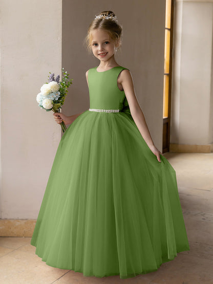 Vestido de Baile de Tule/Vestidos Princesa Flor para Menina com Pérolas e Laço de Cetim