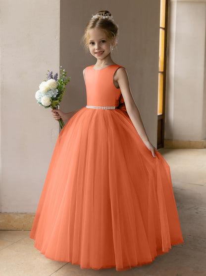Vestido de Baile de Tule/Vestidos Princesa Flor para Menina com Pérolas e Laço de Cetim