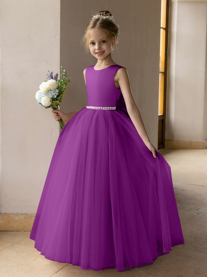 Vestido de Baile de Tule/Vestidos Princesa Flor para Menina com Pérolas e Laço de Cetim