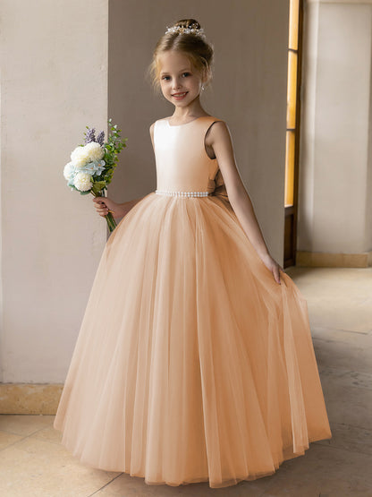 Vestido de Baile de Tule/Vestidos Princesa Flor para Menina com Pérolas e Laço de Cetim