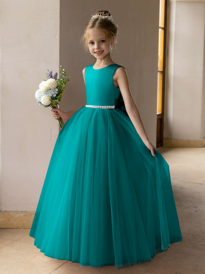 Vestido de Baile de Tule/Vestidos Princesa Flor para Menina com Pérolas e Laço de Cetim