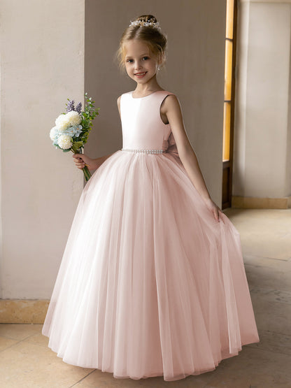 Vestido de Baile de Tule/Vestidos Princesa Flor para Menina com Pérolas e Laço de Cetim