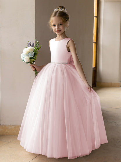 Vestido de Baile de Tule/Vestidos Princesa Flor para Menina com Pérolas e Laço de Cetim
