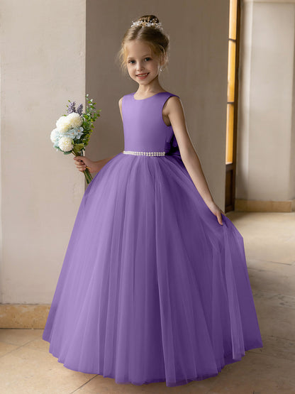 Vestido de Baile de Tule/Vestidos Princesa Flor para Menina com Pérolas e Laço de Cetim