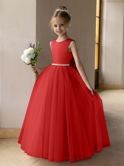 Vestido de Baile de Tule/Vestidos Princesa Flor para Menina com Pérolas e Laço de Cetim