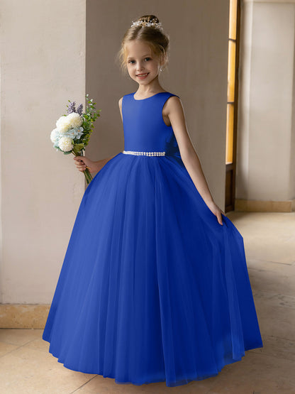 Vestido de Baile de Tule/Vestidos Princesa Flor para Menina com Pérolas e Laço de Cetim