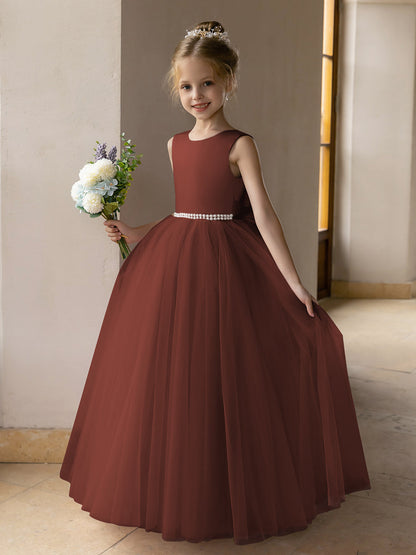 Vestido de Baile de Tule/Vestidos Princesa Flor para Menina com Pérolas e Laço de Cetim