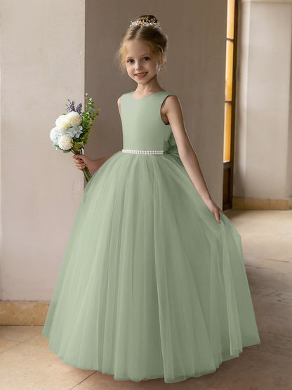 Vestido de Baile de Tule/Vestidos Princesa Flor para Menina com Pérolas e Laço de Cetim