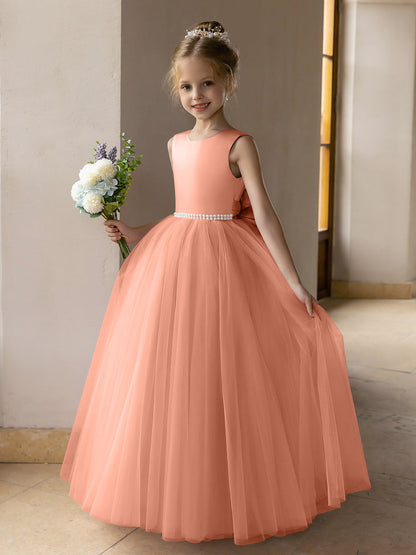 Vestido de Baile de Tule/Vestidos Princesa Flor para Menina com Pérolas e Laço de Cetim